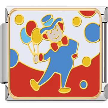 A smiling clown holding colorful balloons with red and blue circus elements, set in a silver Italian charm.